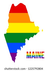 Maine State Map in LGBT Rainbow Flag Comprised Six Stripes With Maine LGBT Text. The Flag Comprised Six Stripes; Meaning to Each of The Colors: Life, Healing, Sunlight, Nature, Serenity and Spirit.