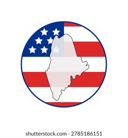 Maine state map over USA flag badge. Maine state map silhouette overlaid with the United States flag.