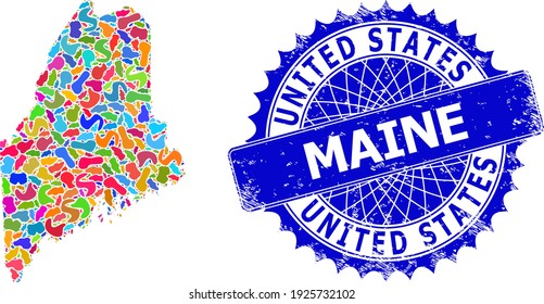 Maine State map vector image. Spot mosaic map and grunge mark for Maine State. Sharp rosette blue stamp with text for Maine State map.