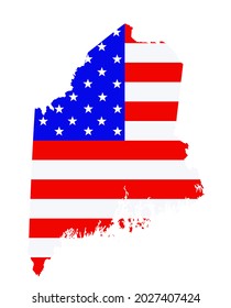 Maine Zustandskarte, Vektorgrafik Silhouette. Die Vereinigten Staaten von Amerika flaggen über Maine-Karte. USA, amerikanisches Nationalsymbol für Stolz und Patriotismus. Wahlkampfbanner.