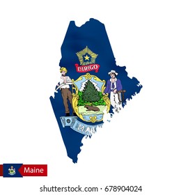Maine state map with waving flag of US State. Vector illustration.
