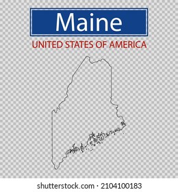 Maine state outline map on a transparent background, United States of America line icon, map borders of the USA Maine state.