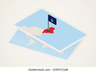 Maine state selected on map with isometric flag of Maine. Vector paper map.