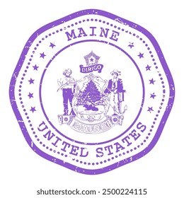 Maine state stamp with seal, USA travel stamp, shabby postmark of Maine, vector