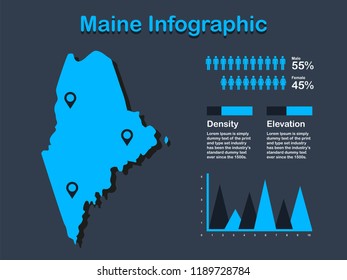 Maine State (USA) Map with Set of Infographic Elements in Blue Color in Dark Background. Modern Information Graphics Element for your design.