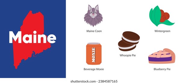 Maine states with symbol icon of Coon blueberry pie wintergreen whoopie pie moxie illustration