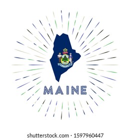 Maine sunburst badge. The us state sign with map of Maine with state flag. Colorful rays around the logo. Vector illustration.