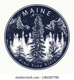 Maine. Tattoo und T-Shirt Design. Willkommen in Maine, USA. Pine Tree Staatslogan. Reisekunstkonzept