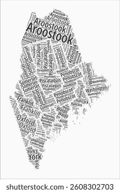 Maine text style counties. State region names word clouds in English language. Vibrant vector illustration.