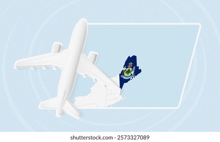 Maine Travel Illustration with Plane and National Flag. Ideal for travel agencies, promotional materials, or geographic content related to Maine.