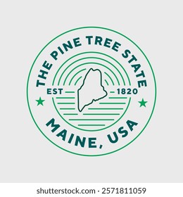 Maine travel logo. The Pine Tree state. Editable stroke.