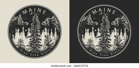 Maine. Estados Unidos de América (EE.UU.). Lema del estado Pine Tree. Concepto de viajes y turismo. Plantilla para ropa, diseño de pantalones. Ilustración del vector