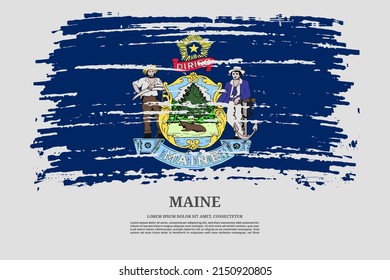 Maine US flag with brush stroke effect and information text poster, vector background