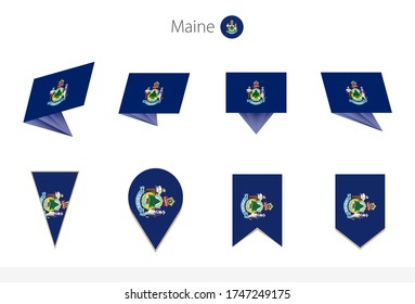 Maine US State flag collection, eight versions of Maine vector flags. Vector illustration.