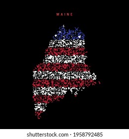 Maine US state flag map, chaotic particles pattern in the colors of the american flag. Vector illustration isolated on black background.