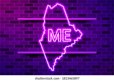 Maine US state glowing neon lamp sign. Realistic vector illustration. Purple brick wall, violet glow, metal holders.