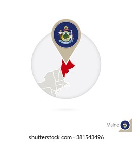 Maine US State map and flag in circle. Map of Maine, Maine flag pin. Map of Maine in the style of the globe. Vector Illustration.