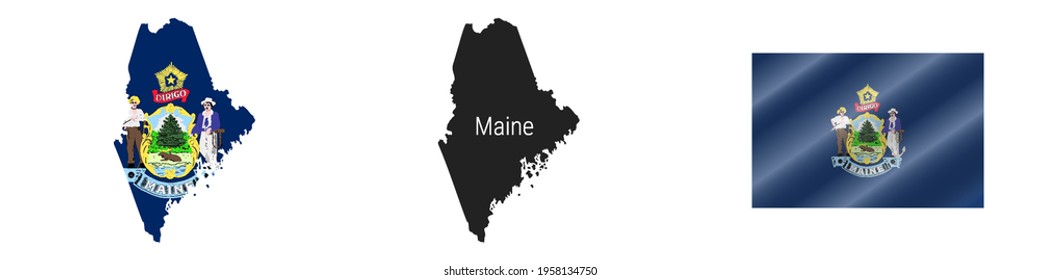 Maine US state map with masked flag. Detailed silhouette. Waving flag. Vector illustration isolated on white.