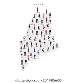 Maine US state population map. Large group of realistic a diverse crowd of people figures. Flat vector illustration isolated on white.