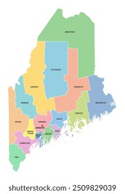 Maine, U.S. state, subdivided into 16 counties, multi colored political map with capital Augusta, borders and county names. State in the New England region of the USA. Pine Tree State. Vacationland.