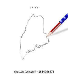 Maine US state vector map pencil sketch. Maine outline contour map with 3D pencil in american flag colors. Freehand drawing vector, hand drawn sketch isolated on white.
