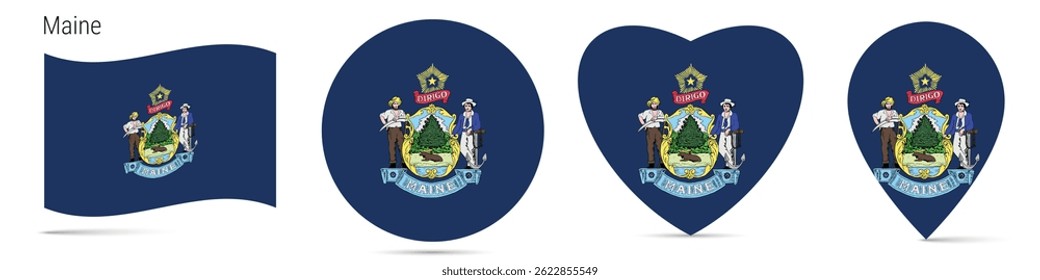 Maine US state waving flag, round circle sticker badge, heart shaped icon, map pin. Flag buttons of different shapes. Vector illustration isolated on white.