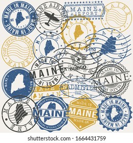 Maine, USA Set of Stamps. Travel Passport Stamps. Made In Product. Design Seals in Old Style Insignia. Icon Clip Art Vector Collection.