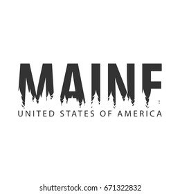 Maine. USA. United States of America. Text or labels with silhouette of forest