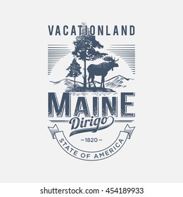 Maine Vacationland, stylized emblem of the state of America, elk, blue color