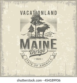 Maine Vacationland, stylized emblem of the state of America, elk, vintage