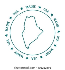 Maine vector map. Retro vintage insignia with US state map. Distressed visa stamp with Maine text wrapped around a circle and stars. USA state map vector illustration.