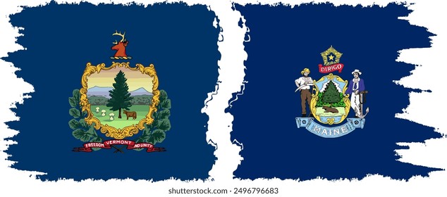 Maine and Vermont states grunge brush flags connection, vector