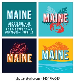 Maine vintage 3d vector alphabet set. Retro bold font, typeface. Pop art stylized lettering. Old school style letters. 90s, 80s poster, banner, t shirt typography design. Blue color background