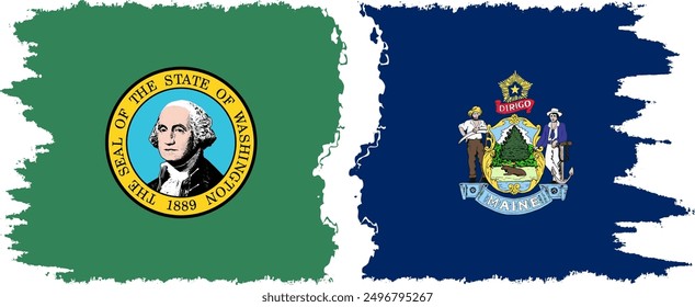 Maine and Washington states grunge brush flags connection, vector