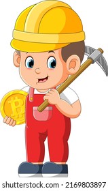 The mainer is holding the pick axe and holding the golden bitcoin of illustration