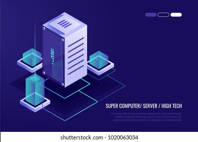 Mainframe, Powered Server, High Technology Concept, Data Center, Cloud Data Storage Isometric Vector Illustration Ultraviolet Background