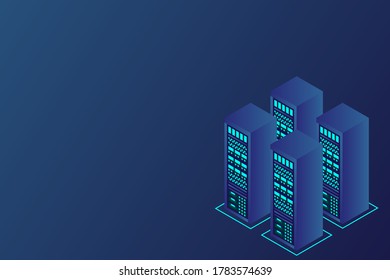 Mainframe, servidor con alimentación, concepto de alta tecnología, centro de datos, almacenamiento de datos en la nube ilustración vectorial isométrica fondo ultravioleta