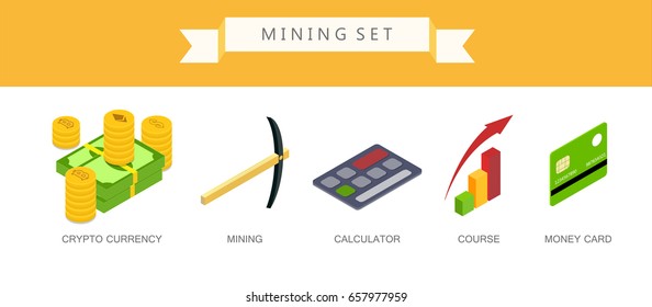 Maining icons currency set. calculator, chart isolated on white background, flat vector, isometric style.