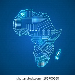 Mainland contour Africa in technological style with intertwining cables, computer, on a blue background
