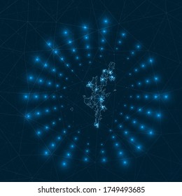 Mainland digital map. Glowing rays radiating from the island. Network connections and telecommunication design. Vector illustration.