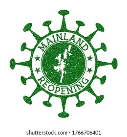 Mainland Reopening Stamp. Green round badge of island with map of Mainland. Island opening after lockdown. Vector illustration.