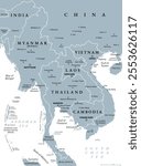 Mainland Southeast Asia, northern part of formerly known Indochina, gray political map. The countries Thailand, Vietnam, Myanmar, Laos, and Cambodia, with borders, their capitals and largest cities.