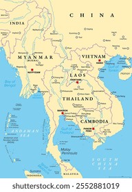 Festland Südostasien, nördlicher Teil des ehemals bekannten Indochina, politische Landkarte. Die Länder Thailand, Vietnam, Myanmar, Laos und Kambodscha mit Grenzen, ihre Hauptstädte und größten und Städte.