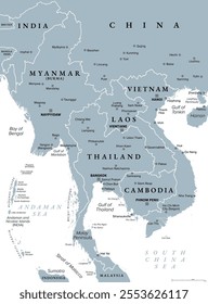 Mainland Southeast Asia, northern part of formerly known Indochina, gray political map. The countries Thailand, Vietnam, Myanmar, Laos, and Cambodia, with borders, their capitals and largest cities.