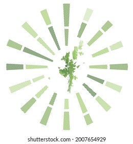 Mainland sunburst. Low poly striped rays and map of the island. Authentic vector illustration.