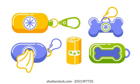 Mantenga un ambiente limpio recogiendo a su perro. Usa bolsas de desechos biodegradables para perros y un dispensador conveniente mientras paseas a tu mascota para una limpieza ecológica. Ilustración vectorial.