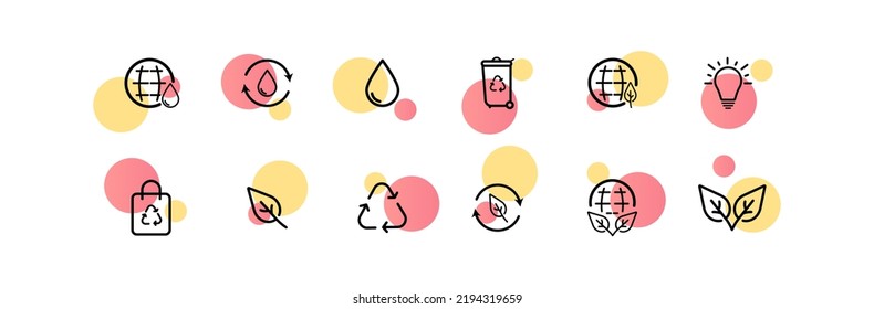 Maintain a clean environment set icon. Water drop,recycle, recycling, trash bin, green energy, light bulb, biodegrable materials, leaves, plant, leaf. Ecology concept. Vector line icon for Business.