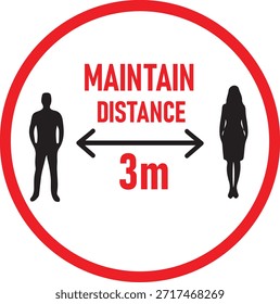 Mantenha Distância 3 metros sinal de segurança com duas pessoas e setas no fundo branco - sinalização de instrução de distanciamento social, símbolo de consciência de saúde pública e higiene, controle de multidão e aviso de prevenção de infecção para o local de trabalho e áreas públicas.