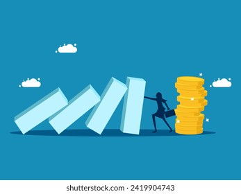 Maintain finances. Businesswoman pushes falling dominoes to protect pile of money