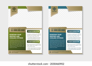 Maintain heating and cooling systems flyer design template use vertical layout. Rectangle space for photo collage. Green and blue color of element variation which can be selected. white background.